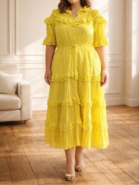 Celia B Yellow Sunbeam Ruffle Satin Tiered Boho Cottagecore Midi Dress